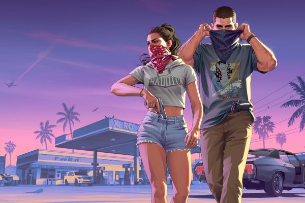 A man and woman wearing bandanas over their faces. The woman is holding a gun.