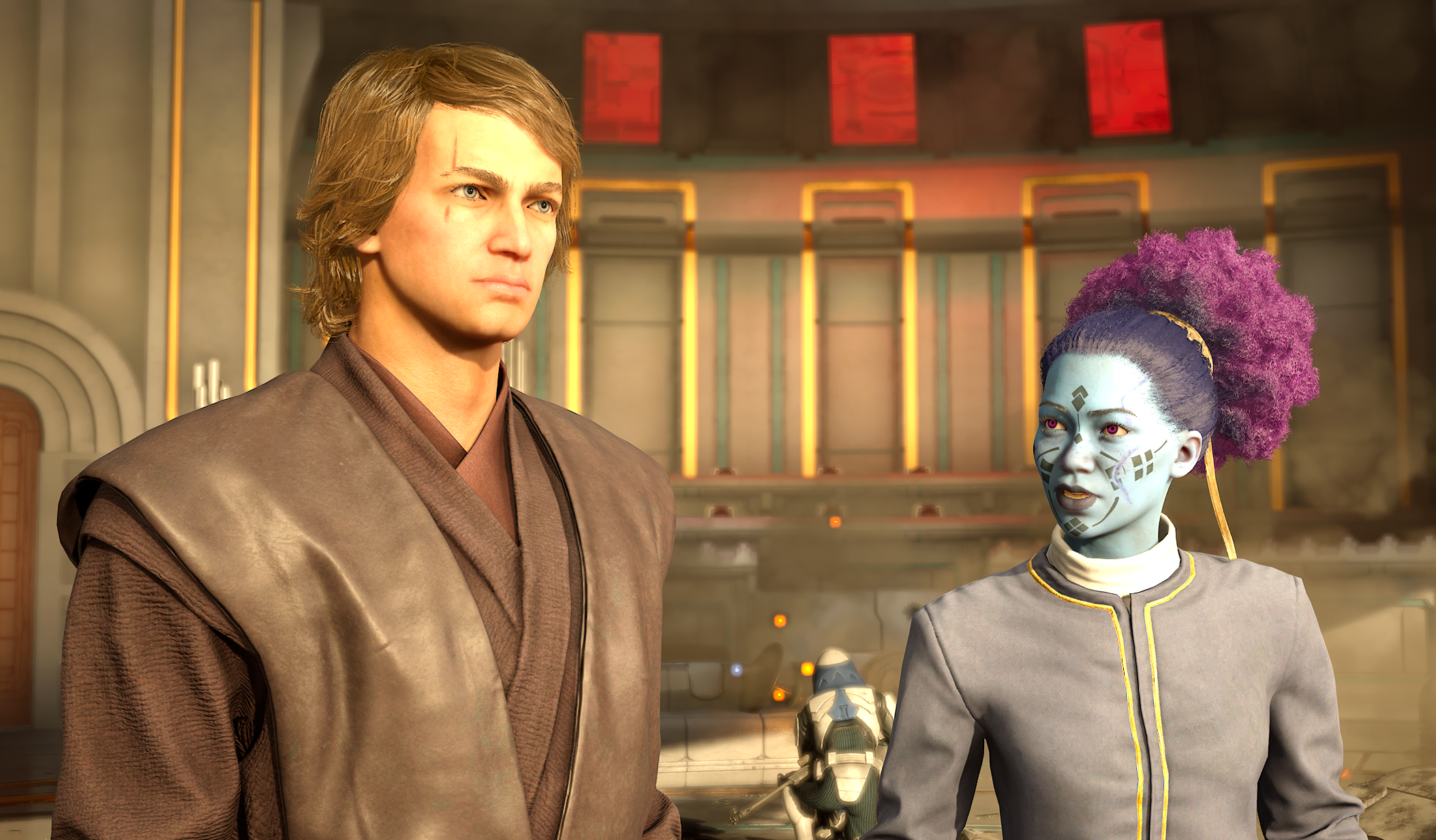 Anakin Skywalker and a Star Wars alien with a blue face and purple hair, standing in a wrecked ballroom