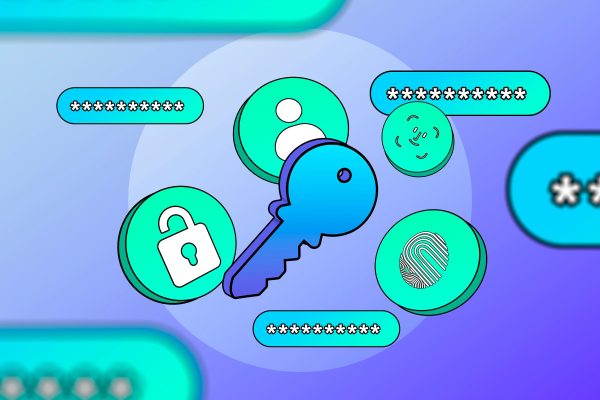 an illustration of a passkey featuring a key fingerprint facial recognition and password input fields