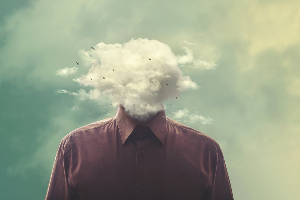 man with head in a cloud illustration