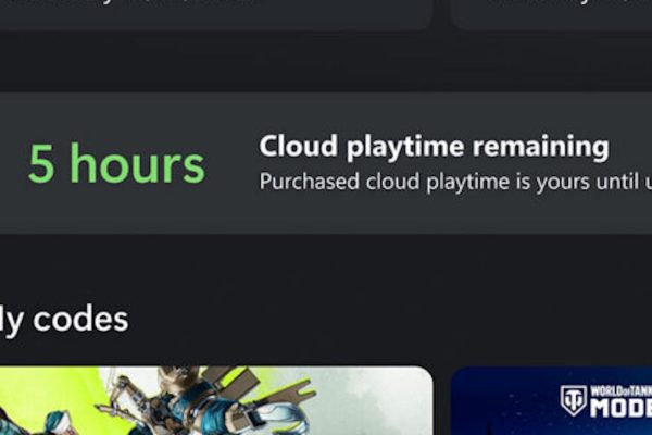 Xbox cloud gaming menu showing 5 hours of playtime remaining