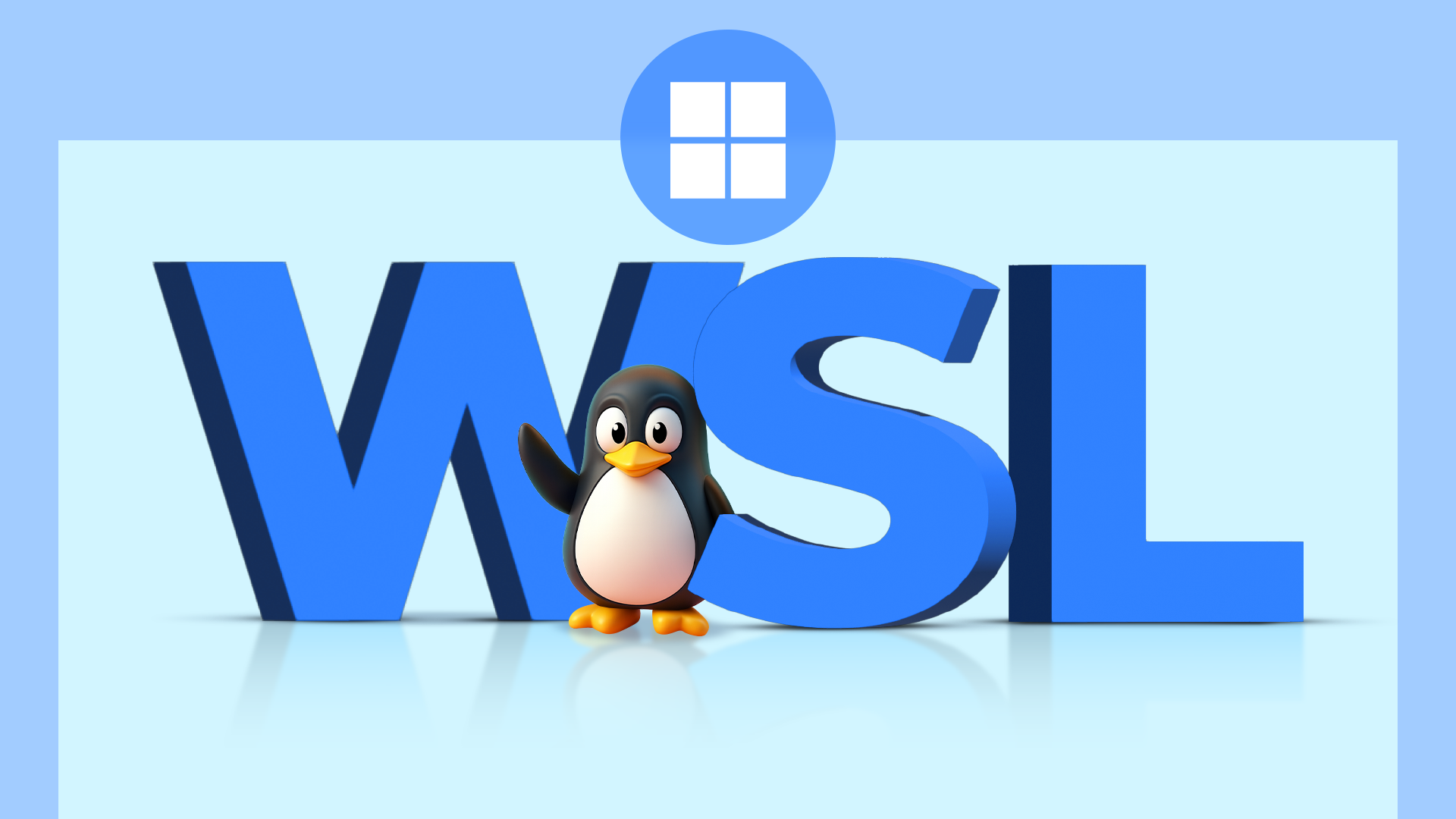 3d tux penguin standing with large blue wsl text and a windows logo overhead