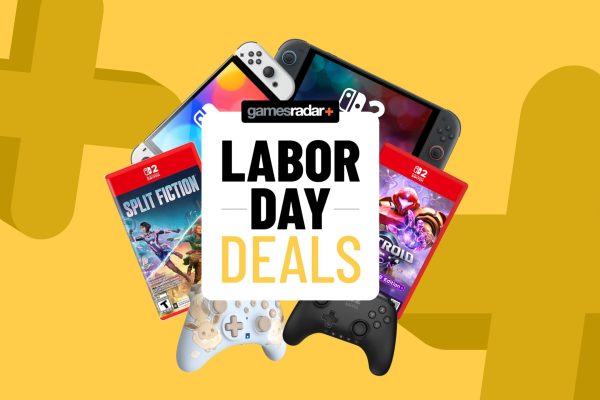 Nintendo Switch and Switch 2 handhelds with games and controllers on a yellow background with Labor Day sales badge