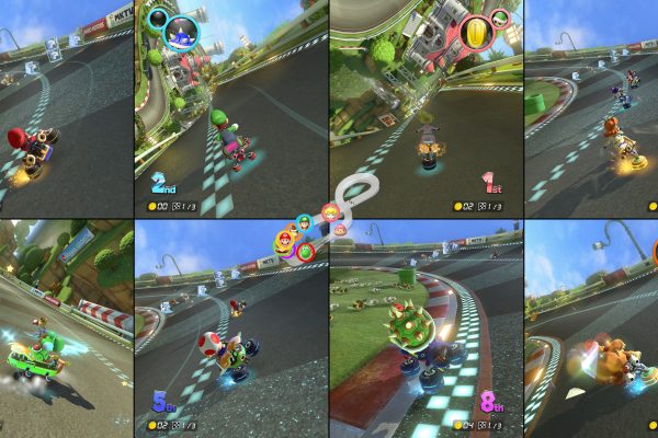 an image of an eight player splitscreen for mario kart 8 deluxe