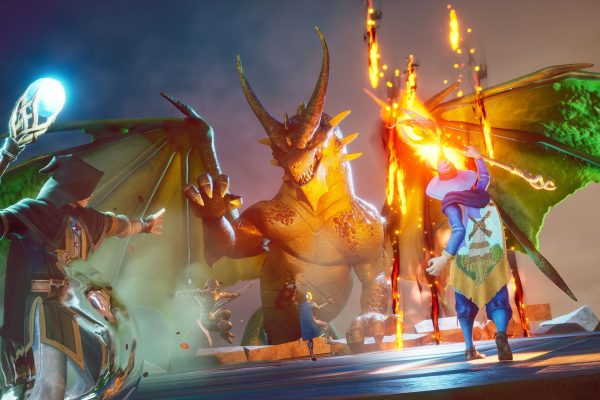 RuneScape: Dragonwilds art of mages fighting a green dragon