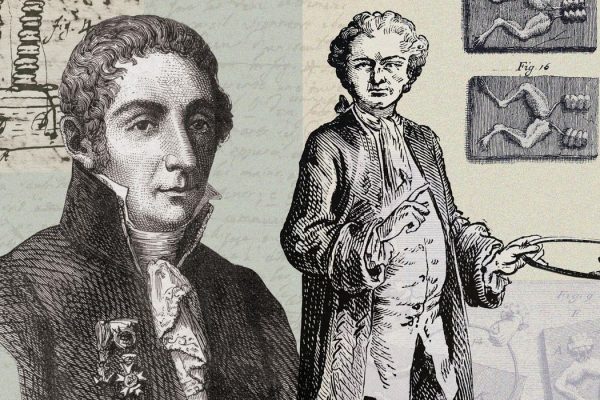 a collage of historic images showing two men in 18th century garb with background illustrations of a device with two columns and