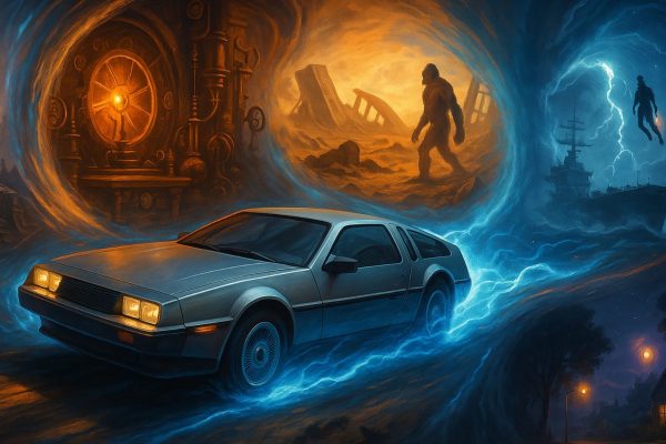 a delorean streaks through scenes from other time travel movies