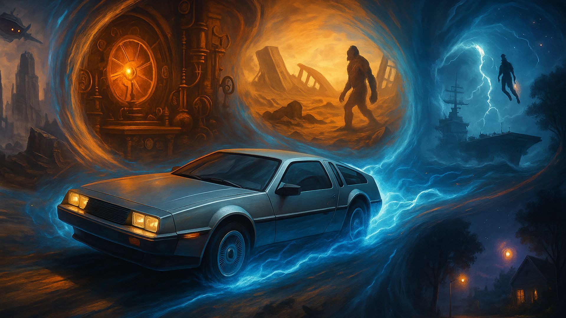 a delorean streaks through scenes from other time travel movies