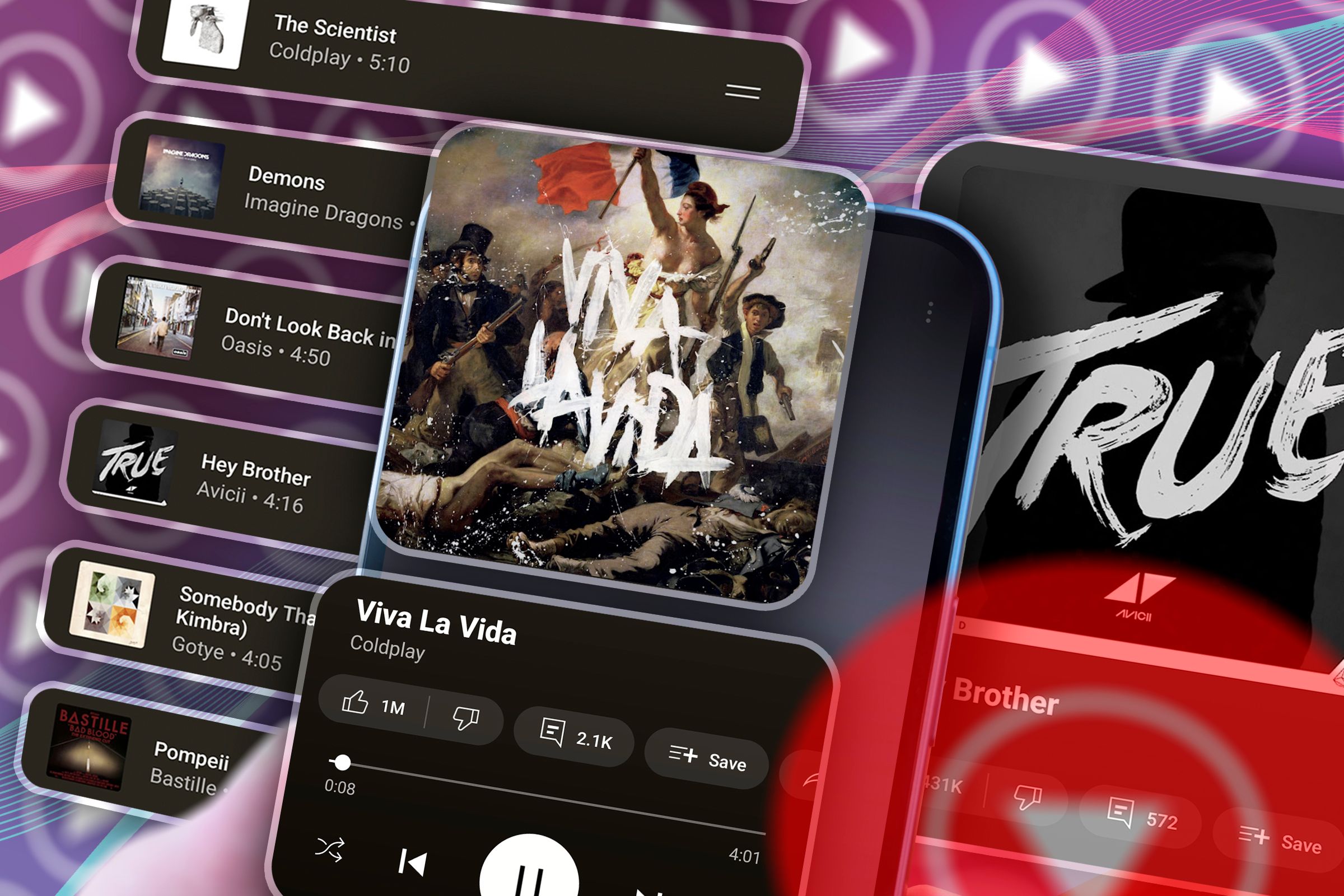 a hand holding a phone with youtube music and some recommendations