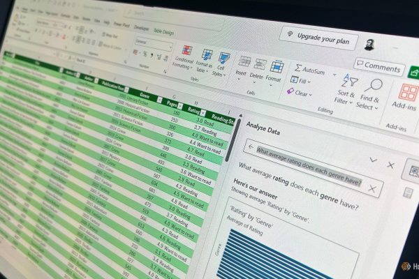a photograph of a computer screen displaying a microsoft excel spreadsheet next to the analyze data pane with a query entered in the search bar