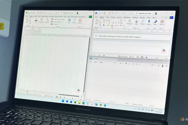 an asus laptop displaying a powertoys workspaces layout with excel word and notepad windows arranged side by side