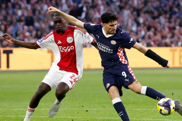 Jorthy Mokio and Ricardo Pepi during the Ajax v PSV Eindhoven game on May 2, 2026