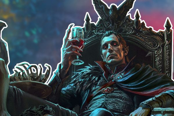 Count Strahd von Zarovich with glowing red eyes lounges in a throne while holding a glass of blood in his clawed hand, a feast of bones on a table in front of him