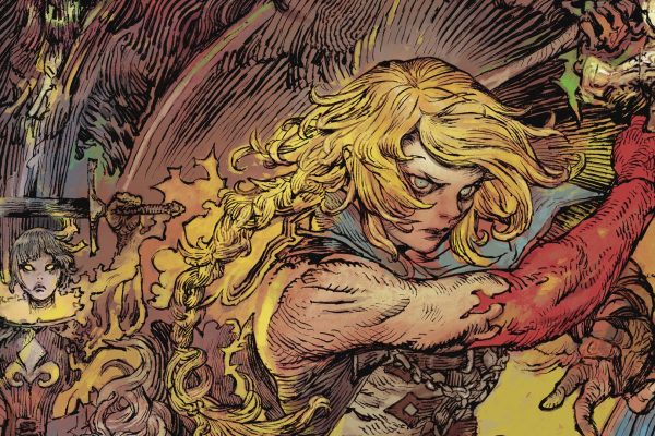 Castlevania: Belmont's Curse key art showing a striking image of Rose Belmont with an arm covered in red raised holding a weapon, with a textured background