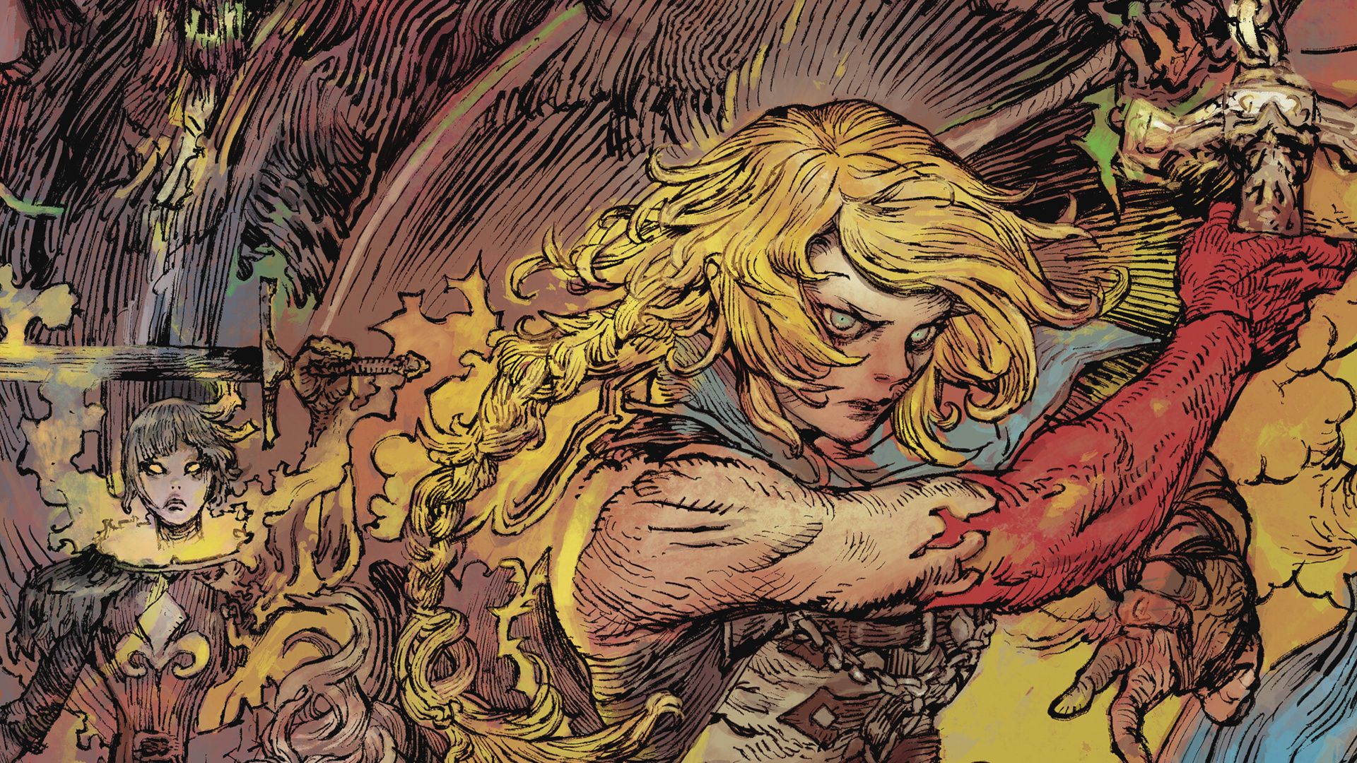 Castlevania: Belmont's Curse key art showing a striking image of Rose Belmont with an arm covered in red raised holding a weapon, with a textured background