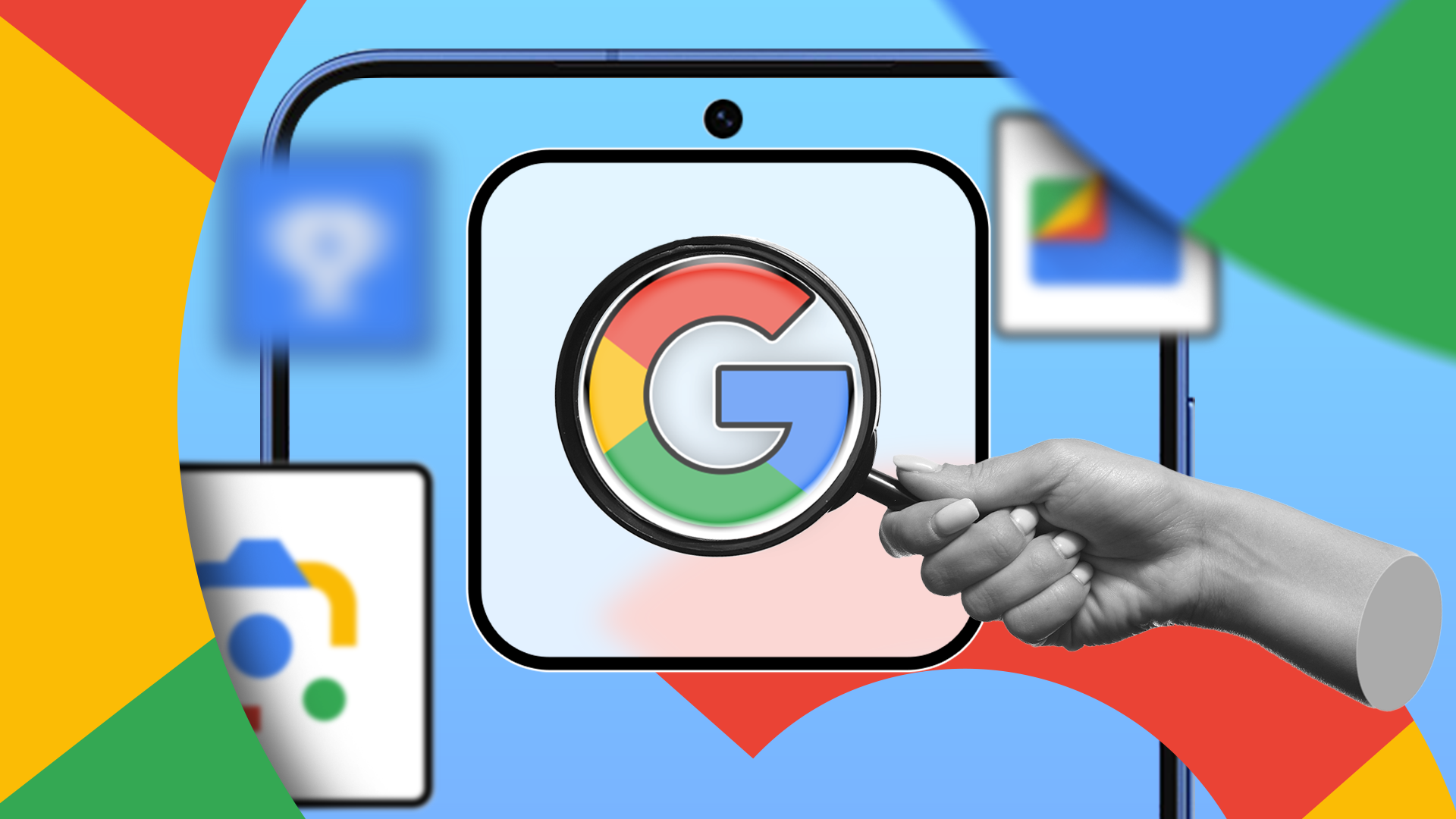 hand holding a magnifying glass over the google logo on a phone screen with blurred google app icons in the background