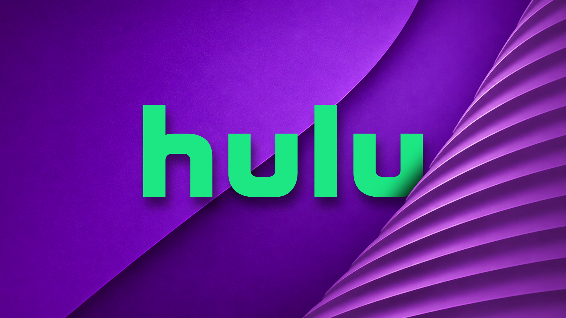 hulu logo on a purple abstract background with layered geometric shapes