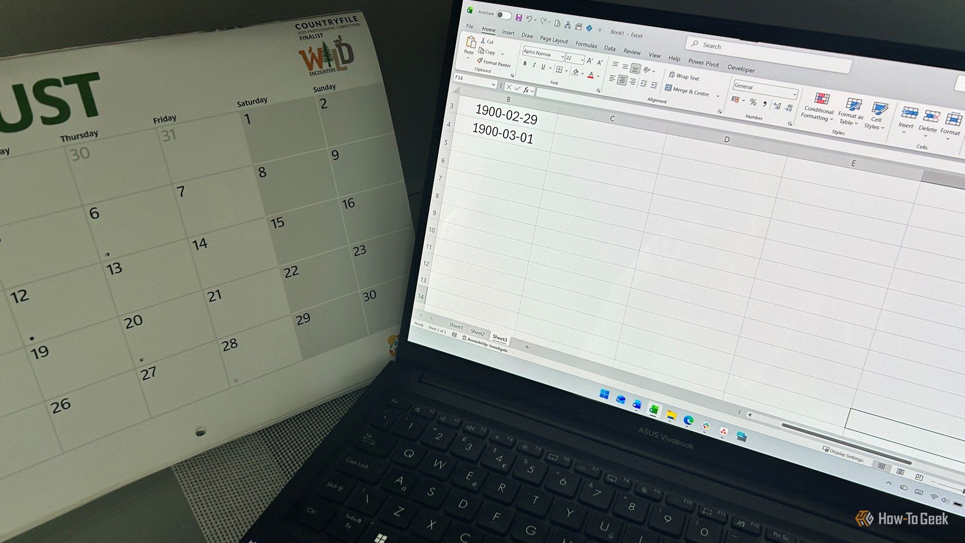 laptop displaying an excel spreadsheet with february 29 1900 and march 1 1900 beside an august 2026 calendar