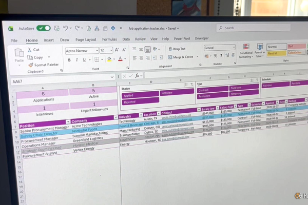 laptop screen showing a microsoft excel job application tracker with a table summary cards and slicers