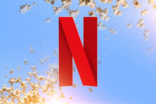 netflix n logo surrounded by popcorn on a blue background