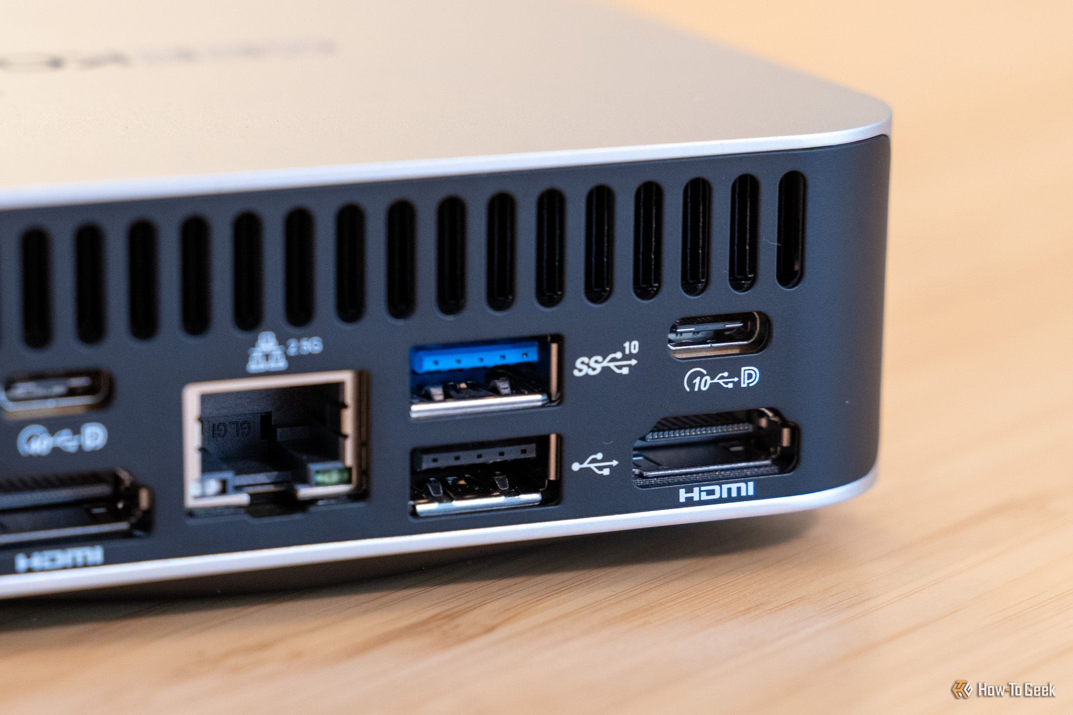 rear i o close up with usb a 10gbps usb c 10gbps displayport hdmi and 2 5g ethernet ports