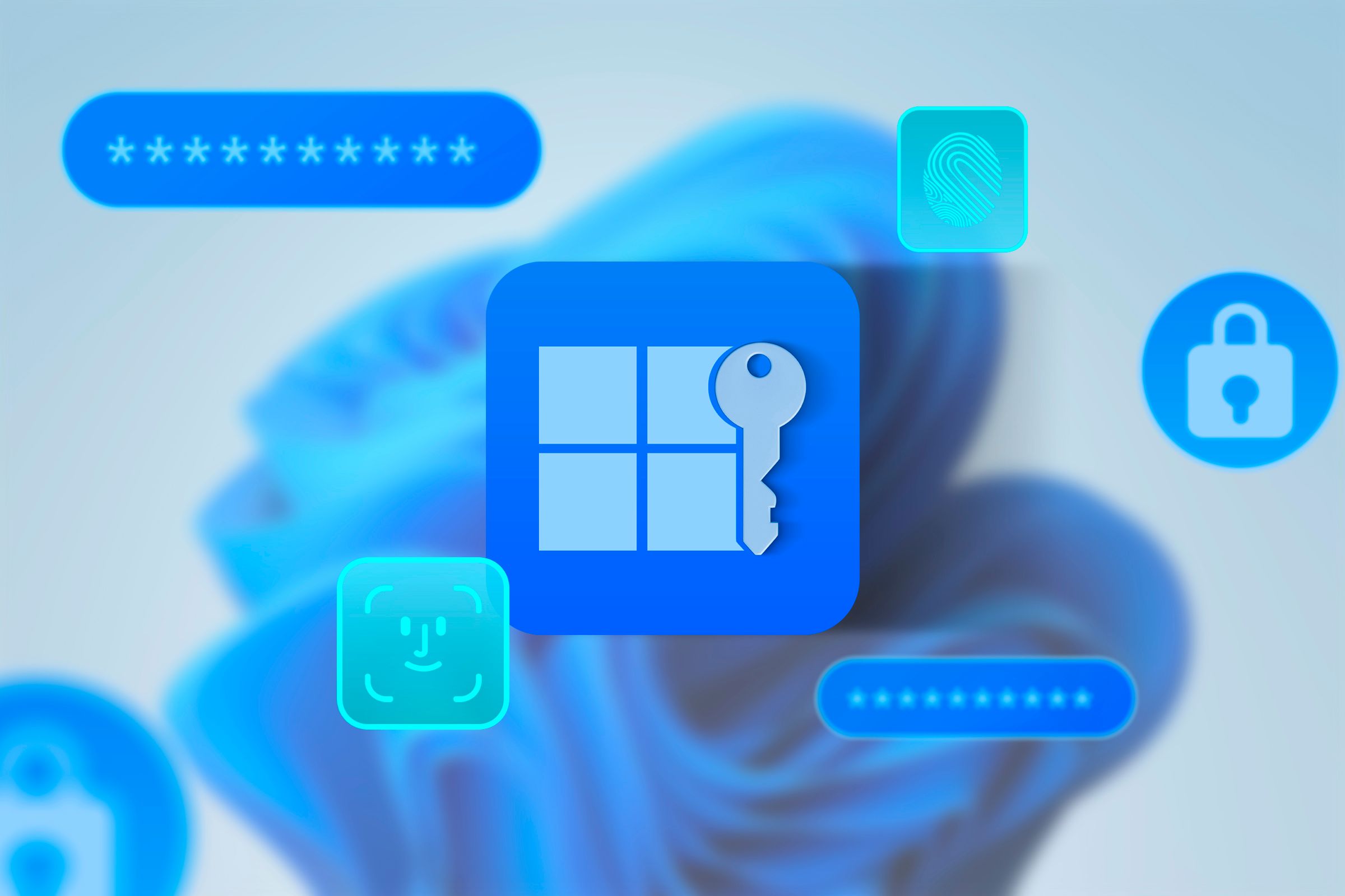 windows 11 logo with a key next to it and icons of password security and facial recognition around it