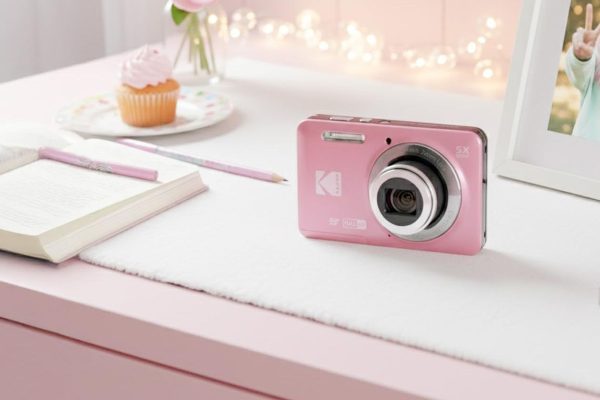 Kodak PixPro FZ55 in pink, on a bedroom desk with pink frontage, notebook, pinks pens, cupcake, picture frame